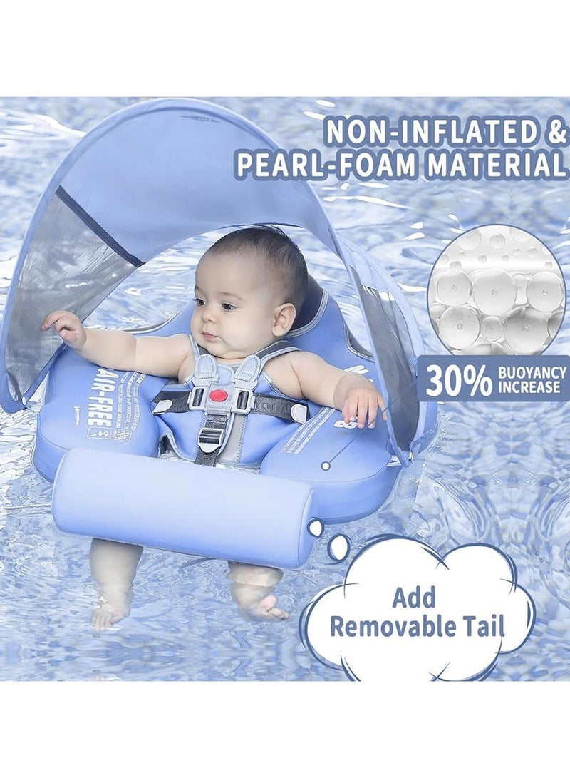 Baby swimming float Baby Pool Float 3 Months-4 Years Baby Float with Canopy Tail and Harness Non-Inflatable Infant Pool Float with Sunshade Waterproof and Quick Drying Suitable for Pool (Blue)