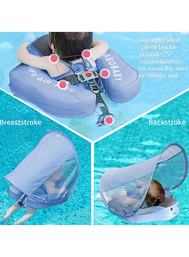 Baby swimming float Baby Pool Float 3 Months-4 Years Baby Float with Canopy Tail and Harness Non-Inflatable Infant Pool Float with Sunshade Waterproof and Quick Drying Suitable for Pool (Blue)