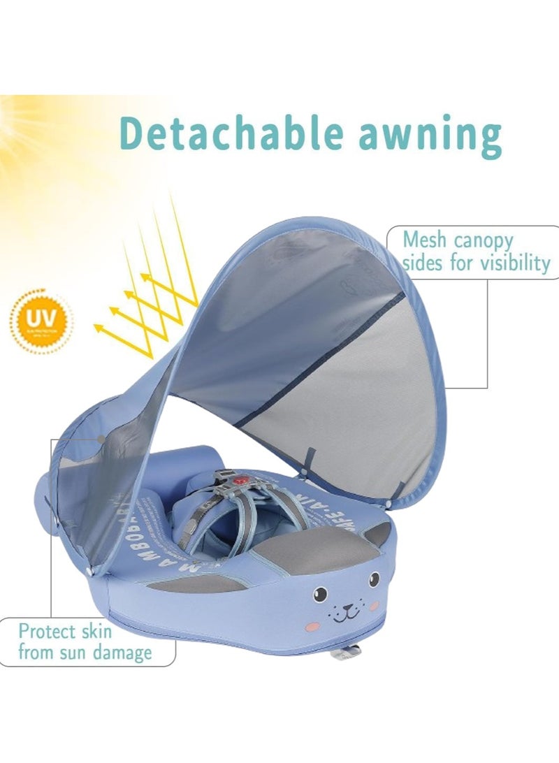 Baby swimming float Baby Pool Float 3 Months-4 Years Baby Float with Canopy Tail and Harness Non-Inflatable Infant Pool Float with Sunshade Waterproof and Quick Drying Suitable for Pool (Blue)