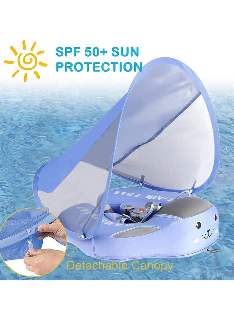 Baby swimming float Baby Pool Float 3 Months-4 Years Baby Float with Canopy Tail and Harness Non-Inflatable Infant Pool Float with Sunshade Waterproof and Quick Drying Suitable for Pool (Blue)