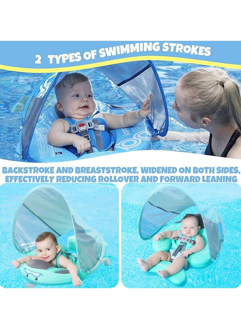 Baby Pool Float with Canopy Add Tail Avoid Flip Over Non-Inflatable Solid Baby Float Soft Skin-Friendly Material Adjustable Safety Strap UPF 50+ Infant Pool Swimming Ring for 3-24 Months (Blue )