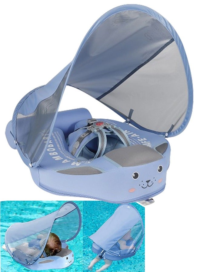 Baby Pool Float with Canopy Add Tail Avoid Flip Over Non-Inflatable Solid Baby Float Soft Skin-Friendly Material Adjustable Safety Strap UPF 50+ Infant Pool Swimming Ring for 3-24 Months (Blue )