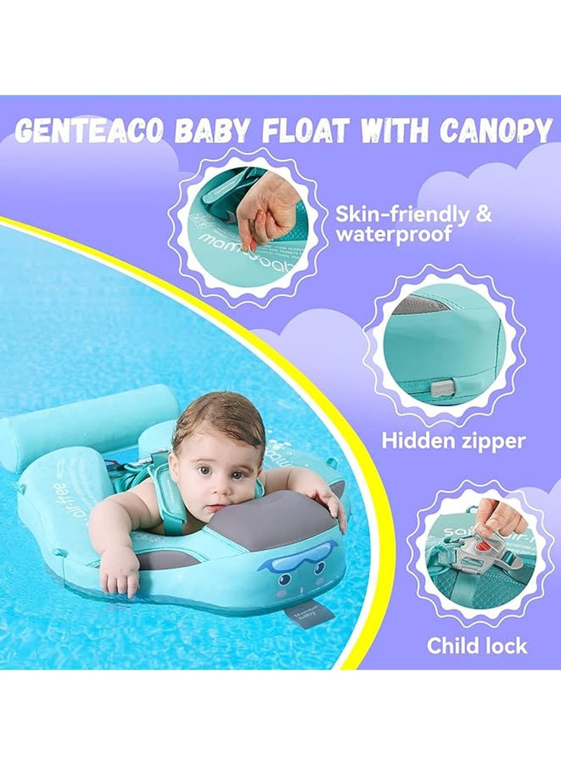 Baby Pool Float with Canopy Add Tail Avoid Flip Over Non-Inflatable Solid Baby Float Soft Skin-Friendly Material Adjustable Safety Strap UPF 50+ Infant Pool Swimming Ring for 3-24 Months (Blue )