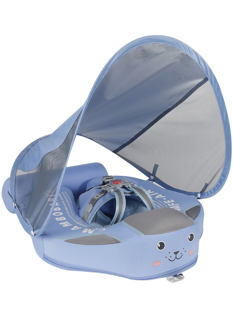 Baby Pool Float with Canopy Add Tail Avoid Flip Over Non-Inflatable Solid Baby Float Soft Skin-Friendly Material Adjustable Safety Strap UPF 50+ Infant Pool Swimming Ring for 3-24 Months (Blue )