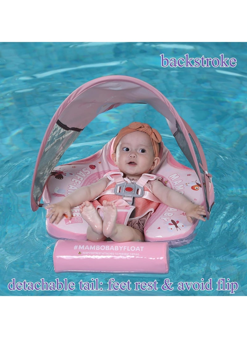 Baby swimming float Baby Pool Float 3 Months-4 Years Baby Float with Canopy Tail and Harness Non-Inflatable Infant Pool Float with Sunshade Waterproof and Quick Drying Suitable for Pool(Pink)