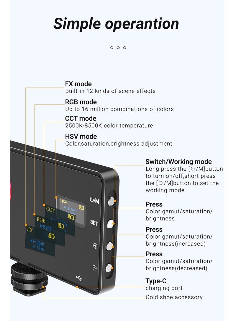 RGB Video Light, Portable LED Camera Light Panel 0-360 Full Color, CRI 95+ 2500-8500K LED 4000mAh Rechargeable DSLR Lighting, for Vlog Live Streaming Video Conference