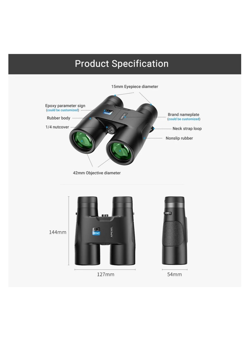 APEXEL 10x42 FMC BAK4 High Power Binoculars with Auto Fixed Focus, Waterproof & Fogproof, Compact Telescope for Bird Watching, Hunting, Travel, and Sports Events