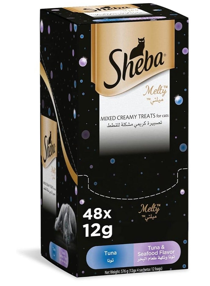 Sheba Cat Food, Melty Mixed Creamy Treats Tuna & Seafood Flavor, 2 Pouches Tuna, Tuna&Seafood,, Pack of 48x12g