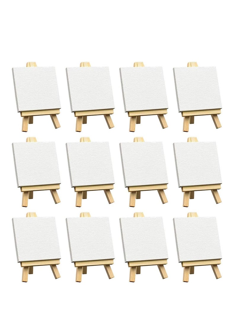 3 x 3 Inch Canvas Panels with Easel, Mini Stretched White Blank Canvas for Painting, Set of 12