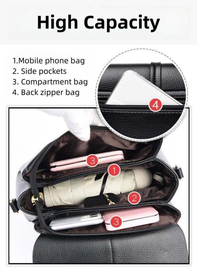 Women's Black Shoulder Bag, Ladies PU Leather Crossbody Bag Sling Bag Side Bag Office Bag Briefcase, Multi-compartment Large Capacity Carrying Bag Tourist Bag for Girls/College Students