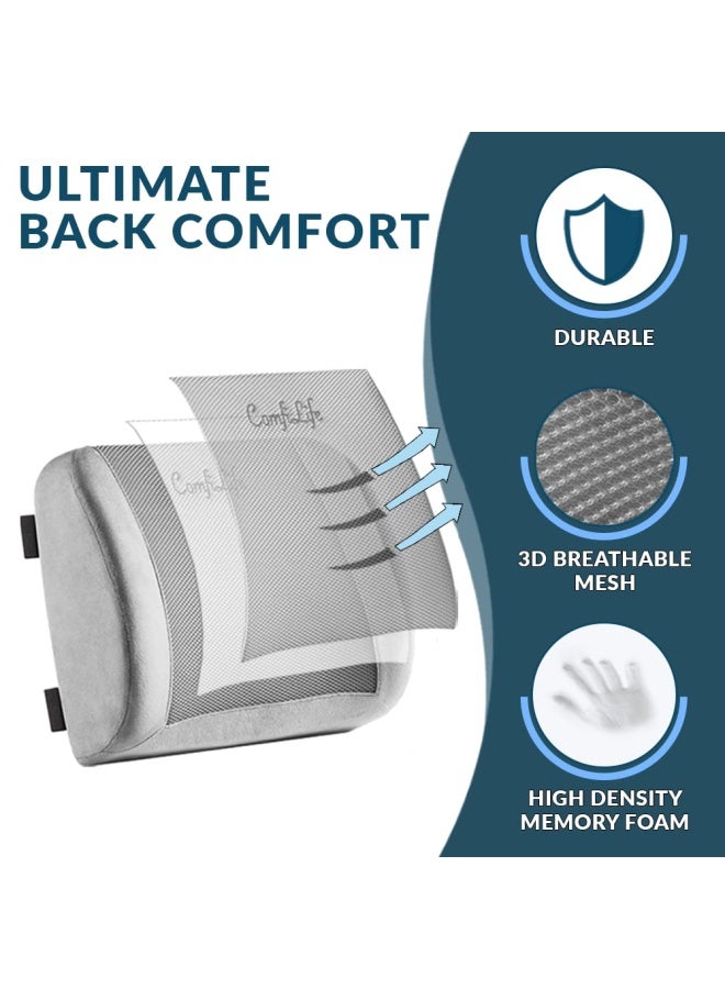 Lumbar Support Back Pillow Office Chair And Car Seat Cushion Memory Foam With Adjustable Strap And Breathable 3D Mesh Grey