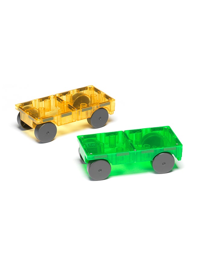 Cars 2 Piece Expansion Set, Green And Yellow, Original 3d Magnetic Building Tiles, For Kids Ages 3+