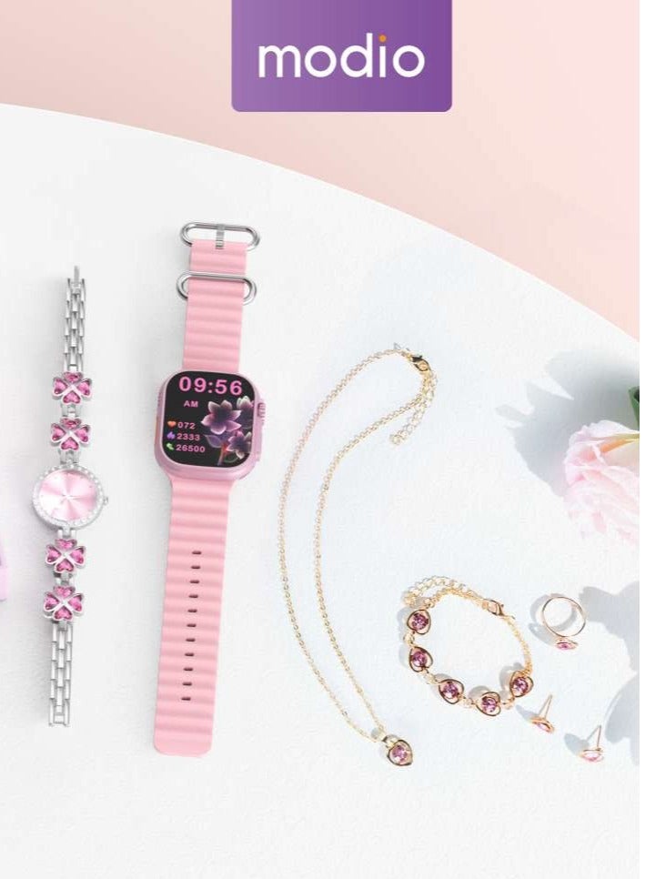 Modio MC 89 Ultra Mini Exclusive Design Two Ladies Watch with Fancy Ornaments Combo Pink