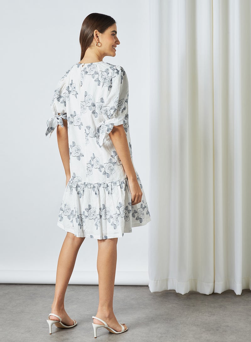 Floral Print Puff Sleeve Dress White