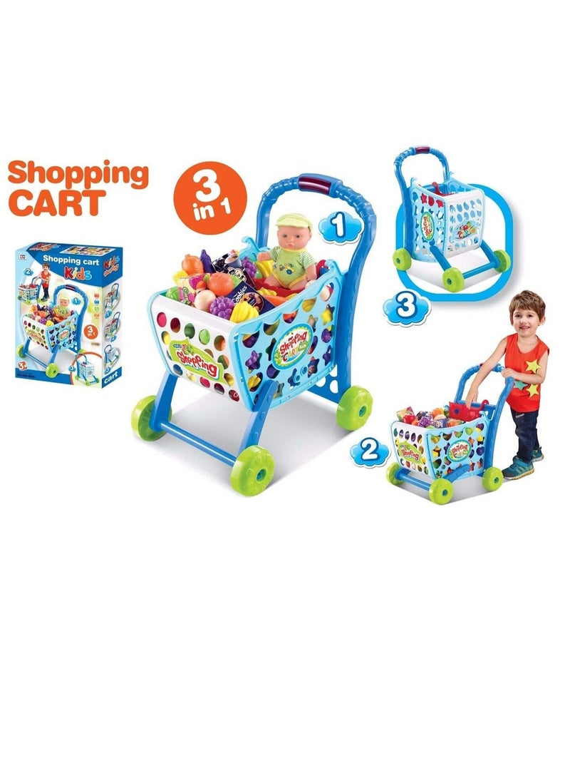 3 in 1 Kids Supermarket Shopping Cart Hand Induction with Light & Sound Pretend Play Toy for Kid with Fruits & Vegetables, Blue(Doll not Included) (Shopping CART 3 in 1)