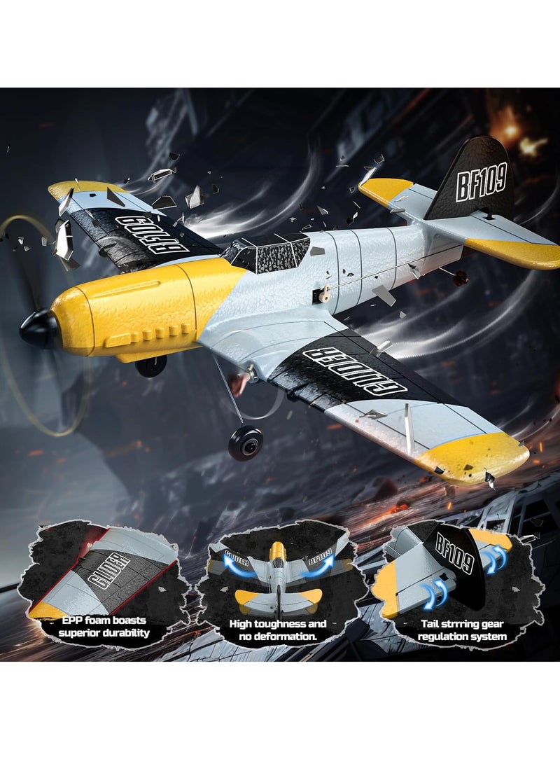 RC Plane, 3 Channel BF-109 Remote Control Airplane Fighter Toys, RC Glider Toy, 2.4GHz 6-axis Gyro Stabilizer RTF Glider Aircraft Plane with 2 Batteries, Outdoor Hobby WWII Toy Gift, Easy to Fly