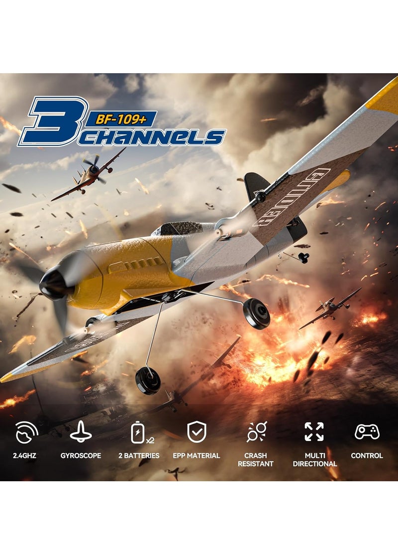 RC Plane, 3 Channel BF-109 Remote Control Airplane Fighter Toys, RC Glider Toy, 2.4GHz 6-axis Gyro Stabilizer RTF Glider Aircraft Plane with 2 Batteries, Outdoor Hobby WWII Toy Gift, Easy to Fly