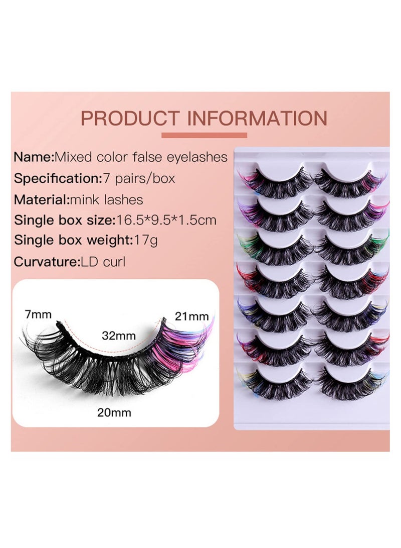 SYOSI 7 Pairs Colored Eyelashes Mink Lashes With Color on End, Fluffy Colorful Lash Clusters, Dramatic Long Thick Cat Fox Eye Lashes Full Curly False Eyelash, 3D Curl Salon Extensions Strip Set