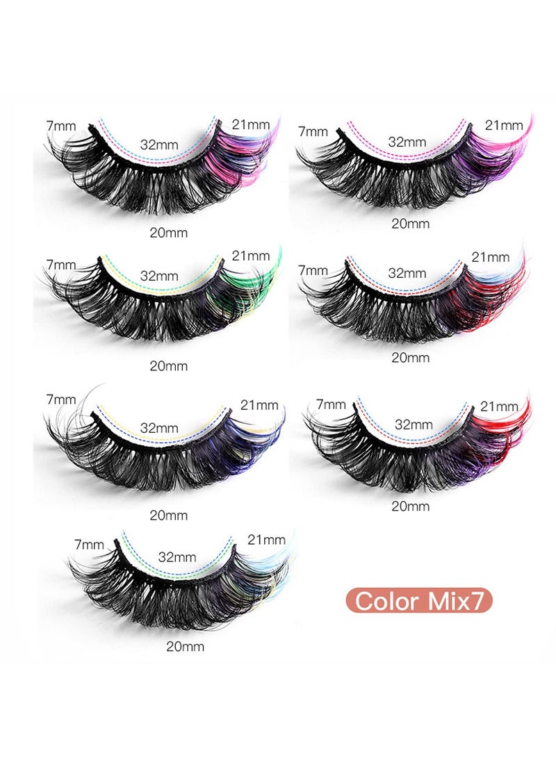 SYOSI 7 Pairs Colored Eyelashes Mink Lashes With Color on End, Fluffy Colorful Lash Clusters, Dramatic Long Thick Cat Fox Eye Lashes Full Curly False Eyelash, 3D Curl Salon Extensions Strip Set