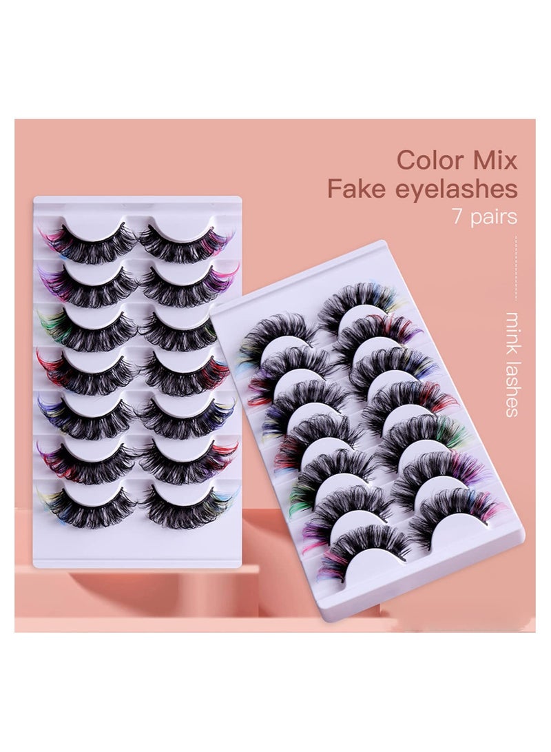 SYOSI 7 Pairs Colored Eyelashes Mink Lashes With Color on End, Fluffy Colorful Lash Clusters, Dramatic Long Thick Cat Fox Eye Lashes Full Curly False Eyelash, 3D Curl Salon Extensions Strip Set