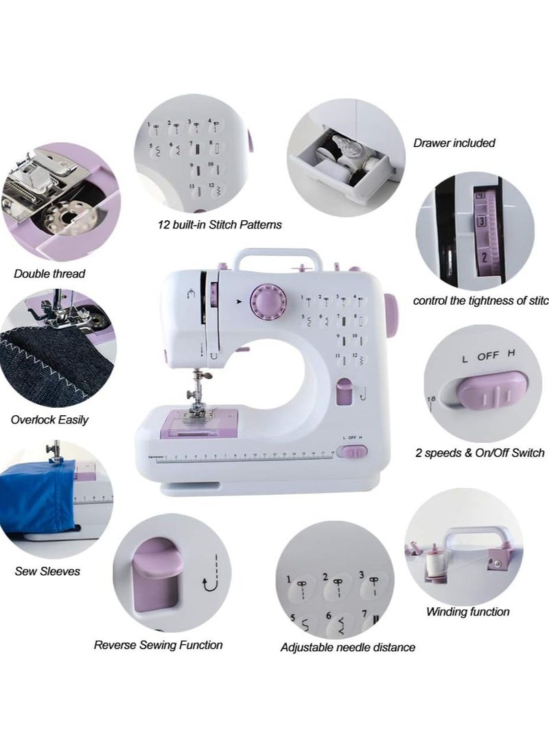 Mini Sewing Machine for Beginner, Portable Sewing Machine,12 Built-in Stitches Small Sewing Machine Double Threads and Two Speed Multi-function Mending Machine with Foot Pedal for Kids, Women (Purple)