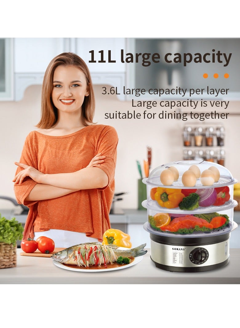 650W 11L Food Steamer, 3-Tier Detachable, 60-Minute Timer, and Dishwasher Safe, Makes Preparation Quick Easy SK-07018 Black