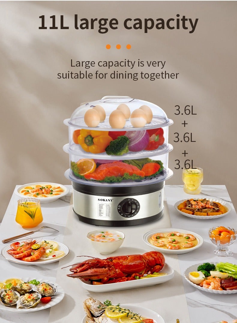 650W 11L Food Steamer, 3-Tier Detachable, 60-Minute Timer, and Dishwasher Safe, Makes Preparation Quick Easy SK-07018 Black