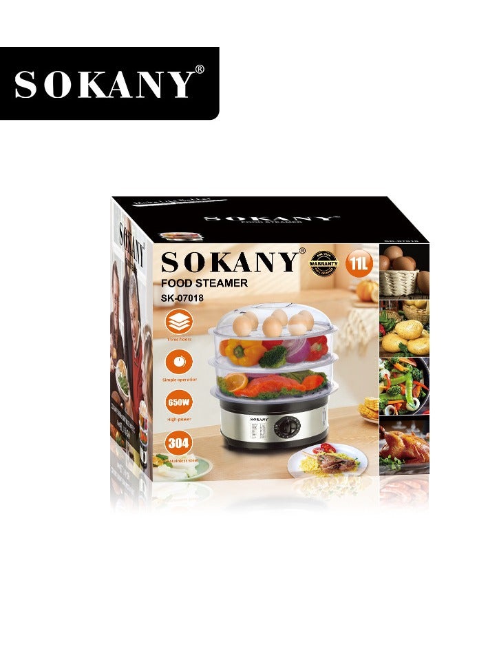 650W 11L Food Steamer, 3-Tier Detachable, 60-Minute Timer, and Dishwasher Safe, Makes Preparation Quick Easy SK-07018 Black