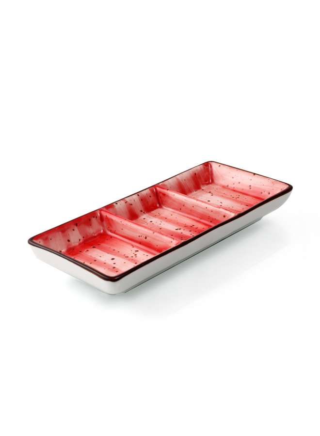 Red Glaze Porcelain Rectangular Compartment Dish 7 Inch