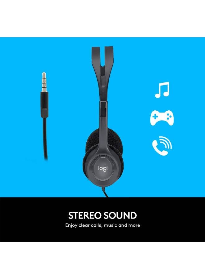 H111 Wired Headset, Stereo Headphones With Noise-Cancelling Microphone, 3.5 mm Audio Jack, PC/Mac/Laptop/Smartphone/Tablet Black/Grey