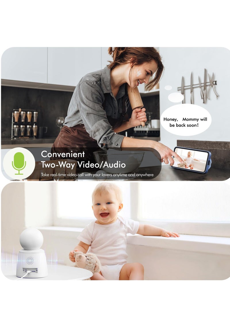 2K Indoor Home Security Camera with WiFi, Two-Way Audio, Motion Detection, Night Vision, Pan-Tilt, Smart Siren, and Cloud/SD Storage for Baby, Elder, Kid, Nanny, and Pet Monitoring.