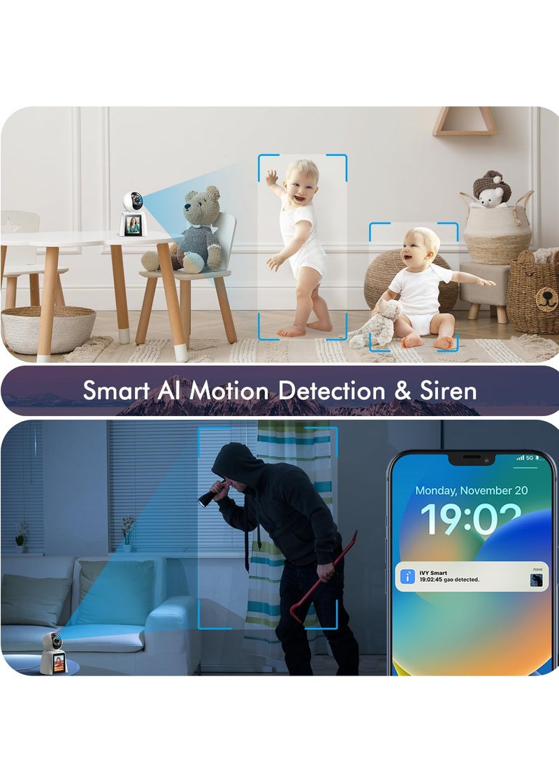 2K Indoor Home Security Camera with WiFi, Two-Way Audio, Motion Detection, Night Vision, Pan-Tilt, Smart Siren, and Cloud/SD Storage for Baby, Elder, Kid, Nanny, and Pet Monitoring.