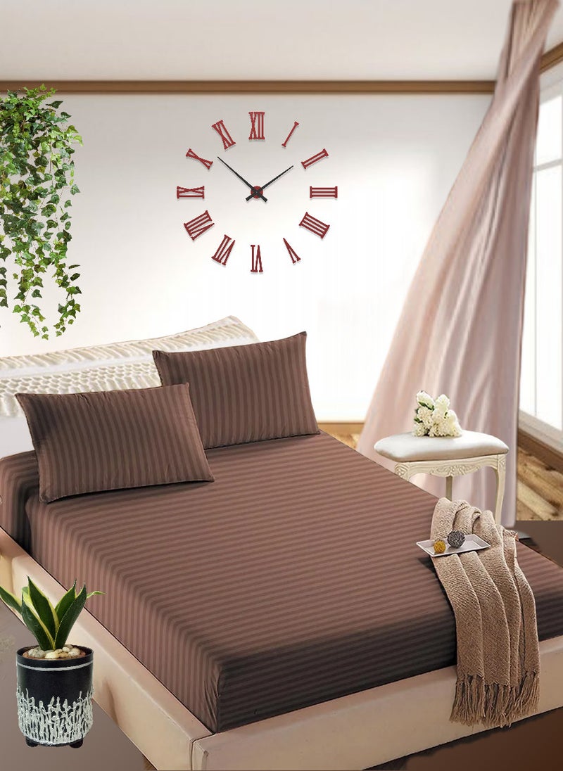 Pastel Brown Striped Sheets Set Deep Pockets Machine Washable Soft Cotton200x200+20cm