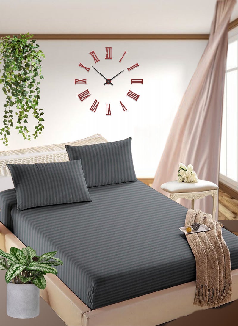 Cloudy Grey Striped Bed Sheet Sets Cotton 3 Piece Set Deep Pocket 200x200+20cm