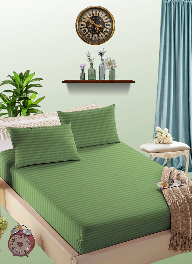 Faded Green Cotton Double Striped Fitted Elastic Bedsheet Sets 150x200+35cm