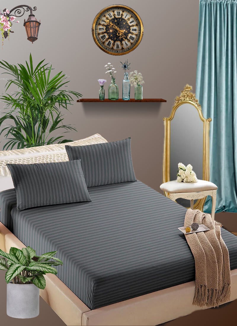 Cloudy Grey Striped Double Size Sheet Set Deep Pockets Machine Washable 150x200+35cm