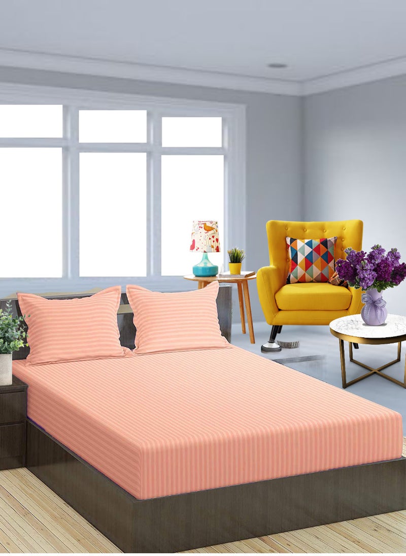 Pastel Pink Striped Cotton Bed Sheet Sets 3 Piece Set Deep Pocket 200x200+25cm