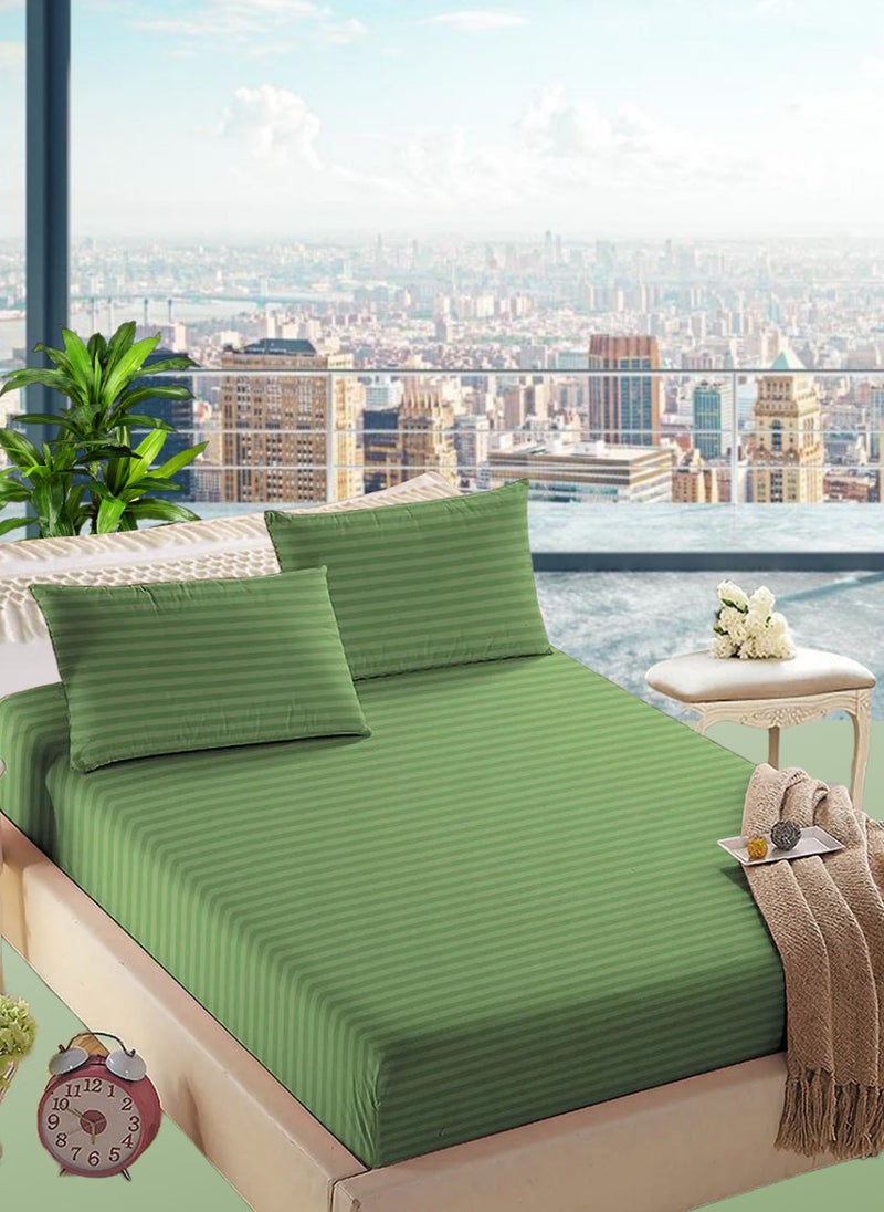 Faded Green Double Size Stripe Deep Pocket Bed Sheet Set Cotton 150x200+35cm