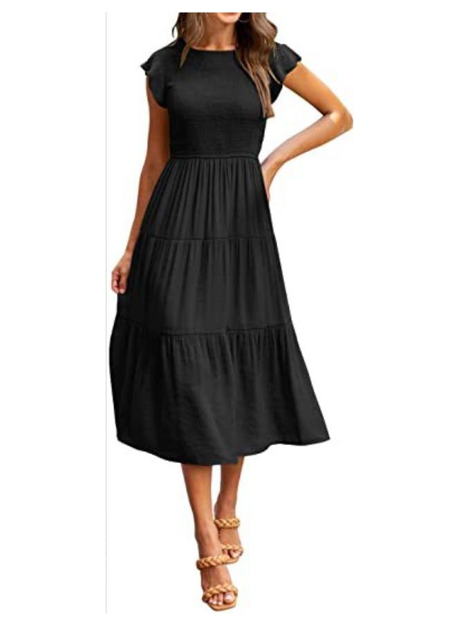 New Flying Sleeve Drawn Fold Layered Short Sleeve Big Swing Dress