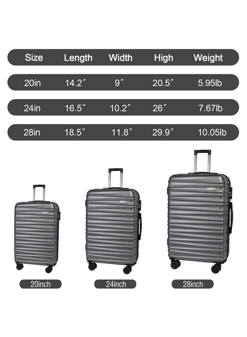 Aklsvion 3 Piece ABS Hardside Spinner Luggage Hard Suitcase Trolley Set 20/24/28 Inch Spinner Wheels with Number Lock Luggage Collection Set of 3 Travel Luggage Bag Grey