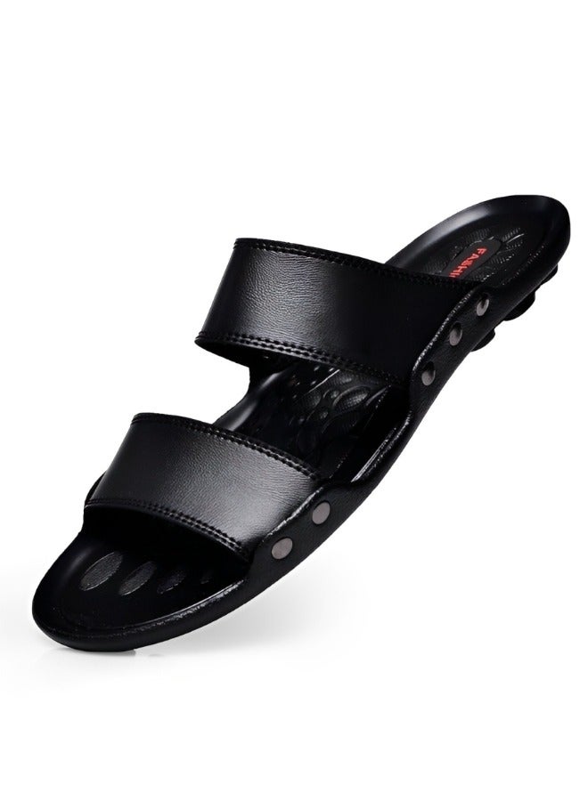 Men's Sandals Classic Vegan Leather Slippers with Anti-slip Sole Open Toe Slipper for Walk & Beach & Water Activities & Swimming Pool