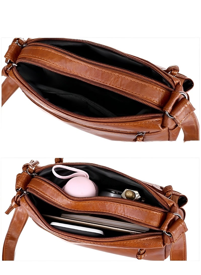 Women's Shoulder Bag Soft PU Leather Crossbody Bag with Multi Pocket Lightweight Travel Top-Handle Handbag Purse