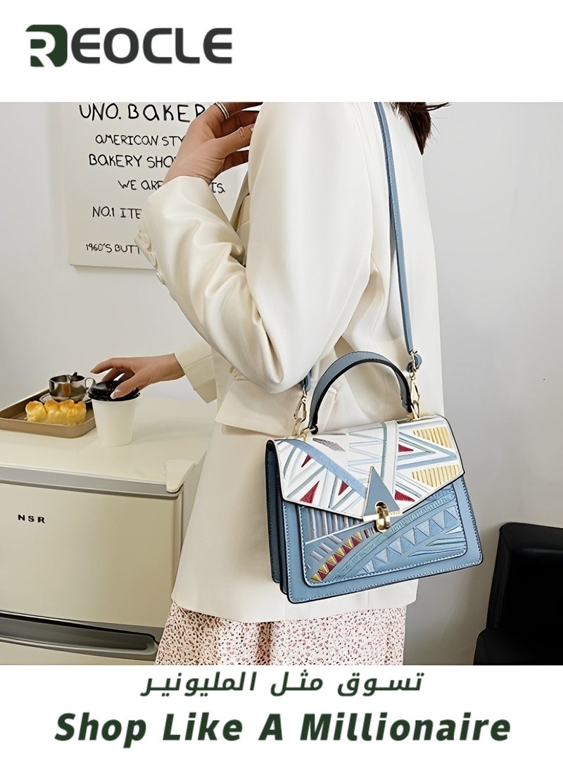 Women's Crossbody Bags Color-Block Leather Purses Handbags with Fashion Printed Shoulder Bag for School & Office & Travel & Work