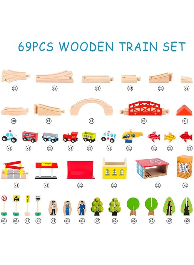 Train Set - 69 Pieces Wooden Train Tracks & Trains For Kids, Toddler Boys And Girls 3,4,5 Years Old And Up– Premium Wood Construction Toys (69 Pcs)