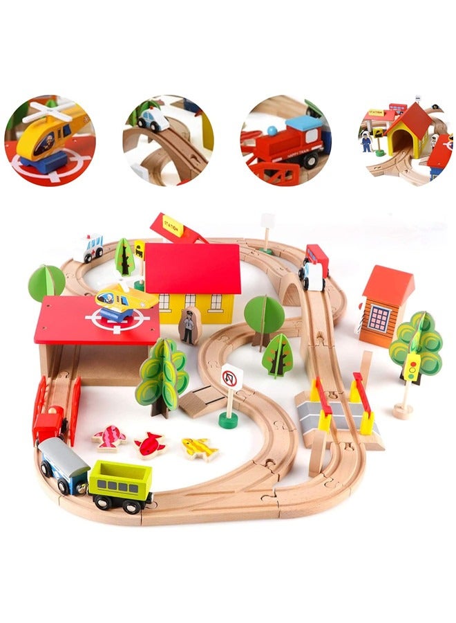 Train Set - 69 Pieces Wooden Train Tracks & Trains For Kids, Toddler Boys And Girls 3,4,5 Years Old And Up– Premium Wood Construction Toys (69 Pcs)