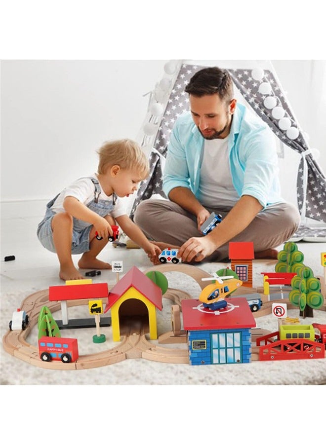 Train Set - 69 Pieces Wooden Train Tracks & Trains For Kids, Toddler Boys And Girls 3,4,5 Years Old And Up– Premium Wood Construction Toys (69 Pcs)