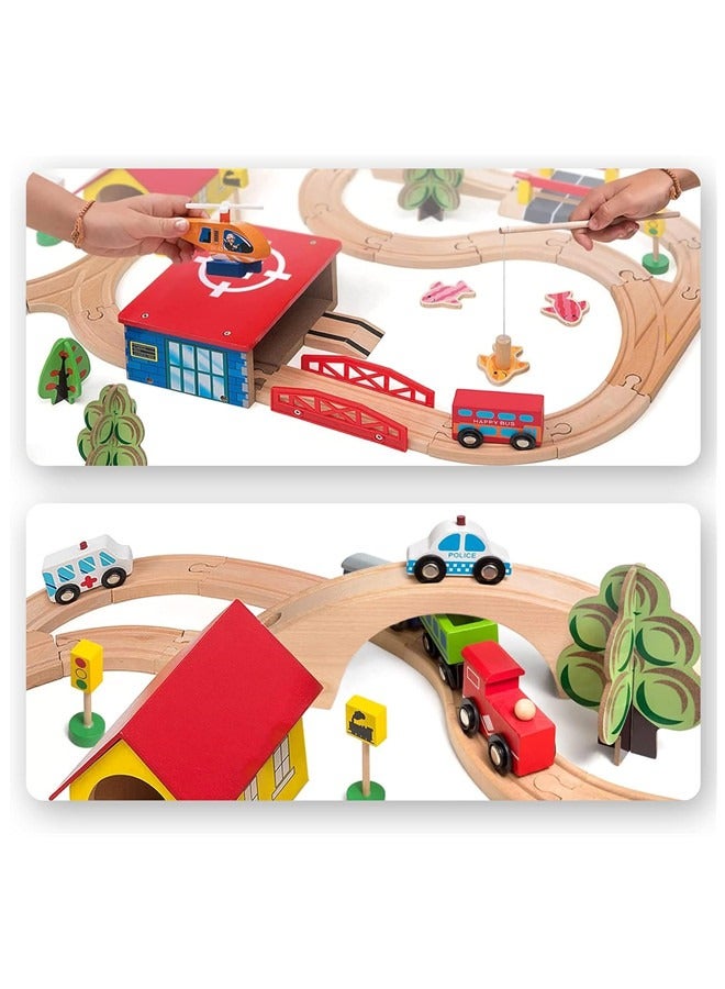 Train Set - 69 Pieces Wooden Train Tracks & Trains For Kids, Toddler Boys And Girls 3,4,5 Years Old And Up– Premium Wood Construction Toys (69 Pcs)