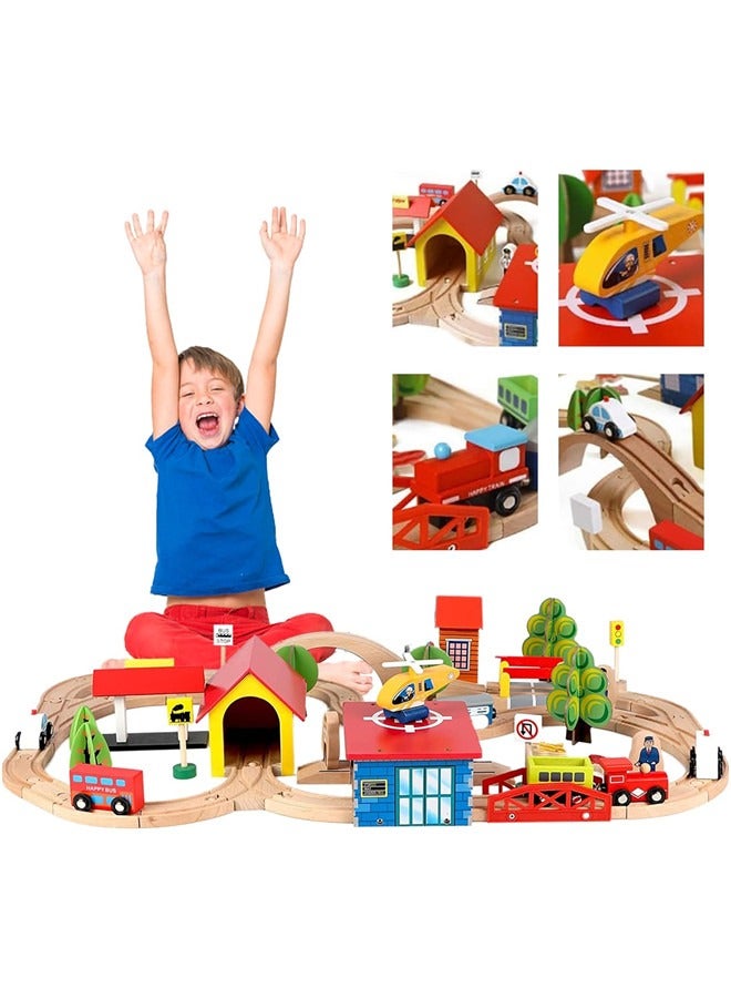 Train Set - 69 Pieces Wooden Train Tracks & Trains For Kids, Toddler Boys And Girls 3,4,5 Years Old And Up– Premium Wood Construction Toys (69 Pcs)