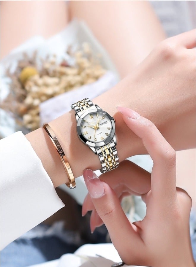 Women's Diamonds Quartz Watch Iced-Out Watch with Round Diamond Dial & Luxury Stainless Steel & Date & Waterproof