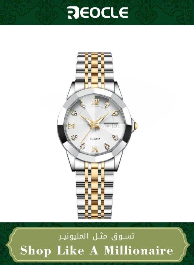 Women's Diamonds Quartz Watch Iced-Out Watch with Round Diamond Dial & Luxury Stainless Steel & Date & Waterproof